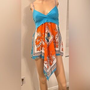 Vibrant Orange and Blue NWT Handkerchief Top-Could be mini dress too